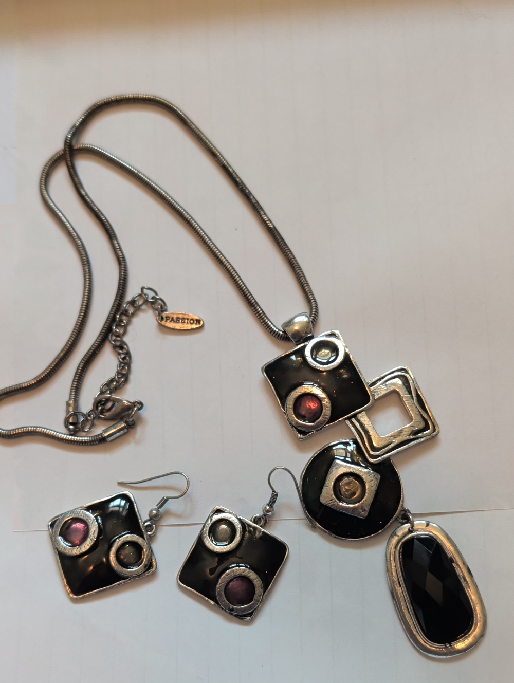 Geometric Black & Pink Accent Pendant Necklace and Earring Set